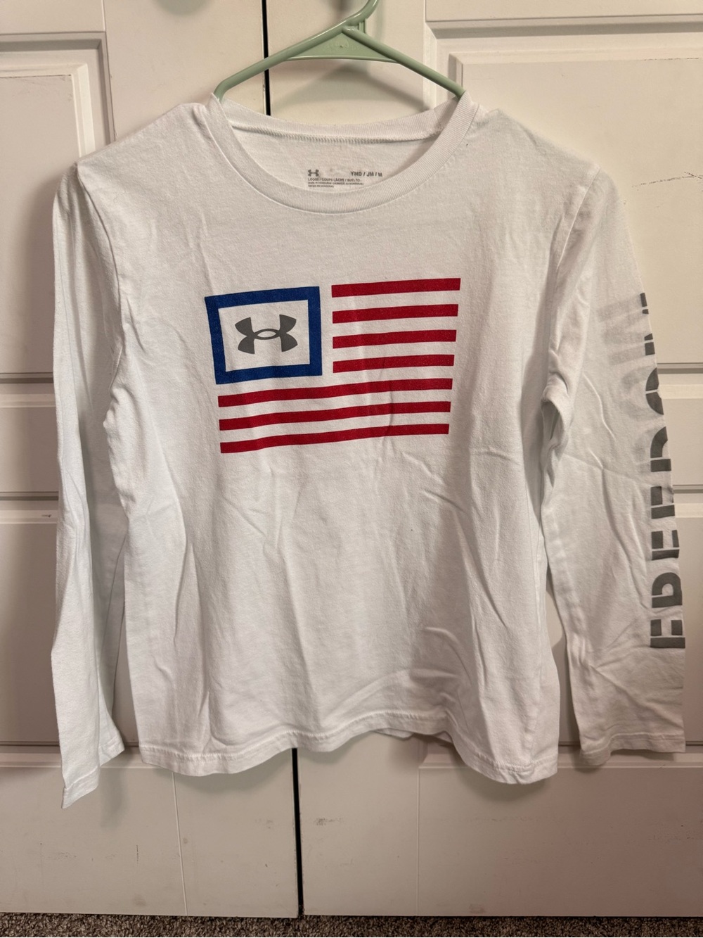 Under Armour White Long Sleeve Tee with Red & Blue Flag Graphic